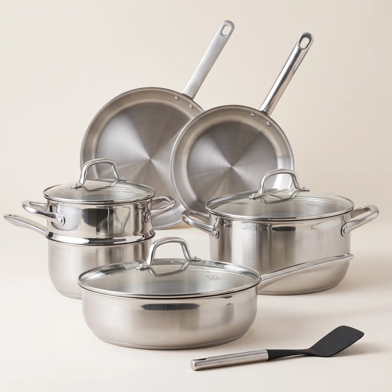 Batterie de cuisine inox 9 pièces, acier trois couches avec couvercles, induction | Marthe