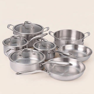 Batterie de cuisine inox 11 pièces, acier trois plis, casseroles poêles sauteuse et faitout | Marthe