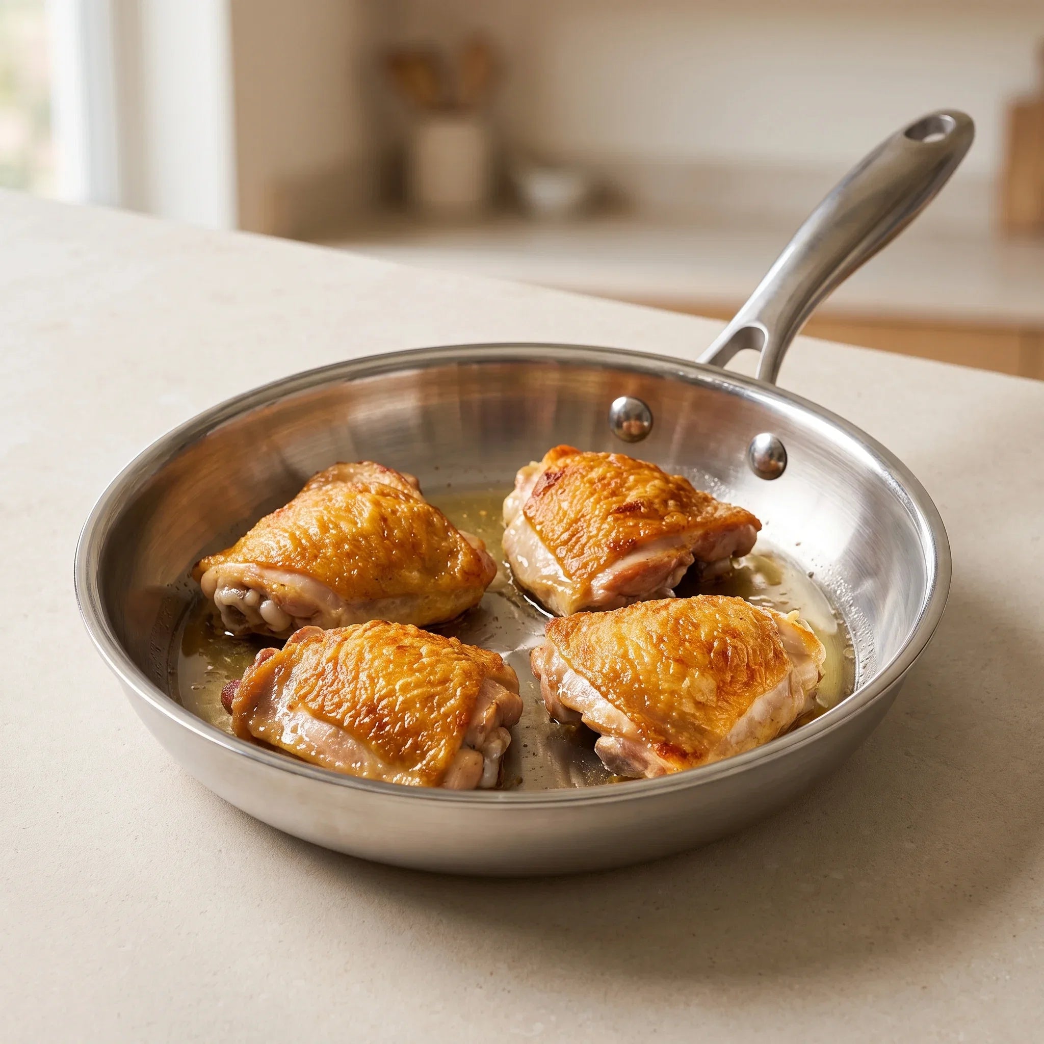 Cuisses de poulet dorées puis confites au bouillon dans le wok inox