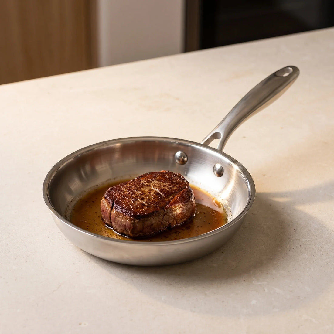 Steak saisi dans la poêle inox, sauce minute aux sucs