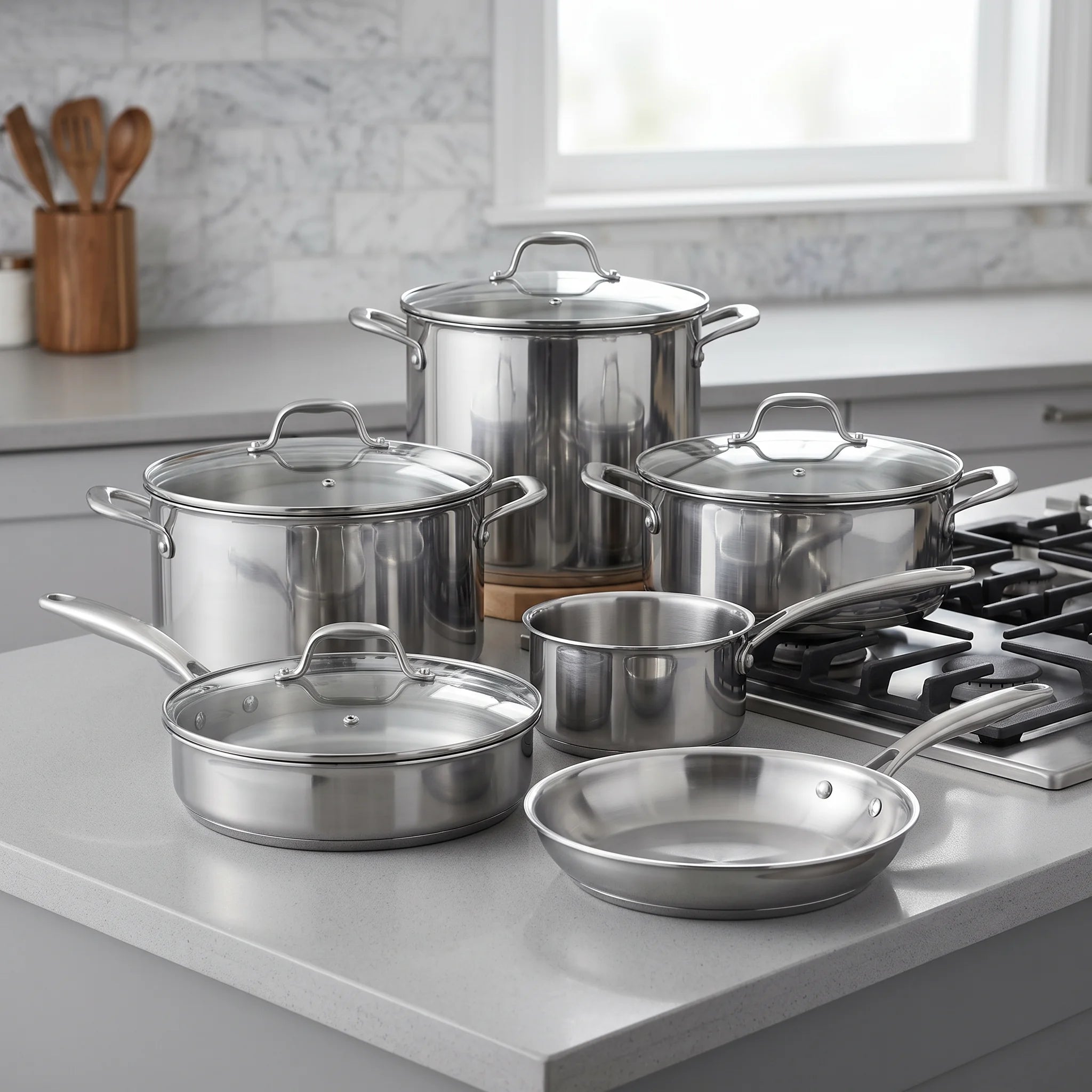 Batterie de cuisine inox 11 pièces, acier trois plis, casseroles poêles sauteuse et faitout | Marthe