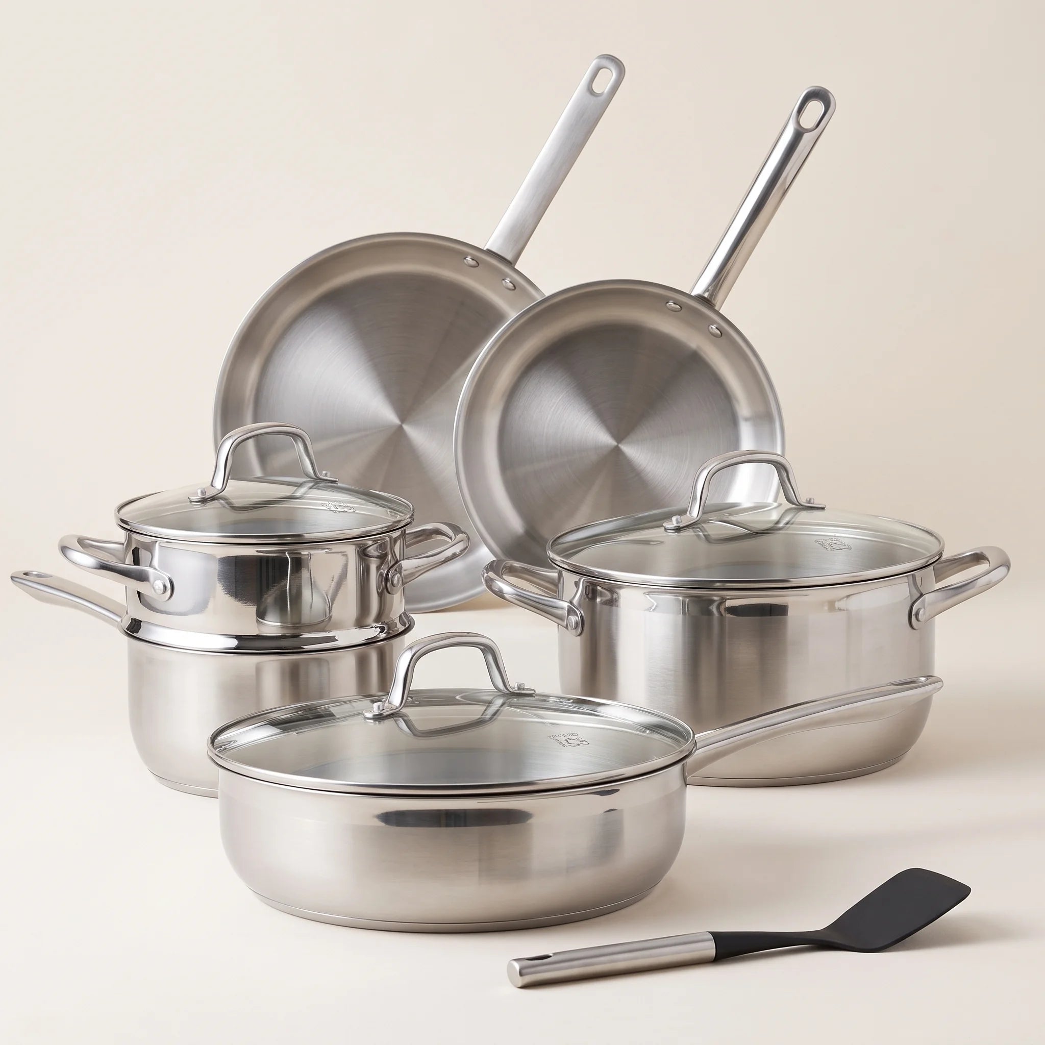Batterie de cuisine inox 9 pièces, acier trois couches avec couvercles, induction | Marthe