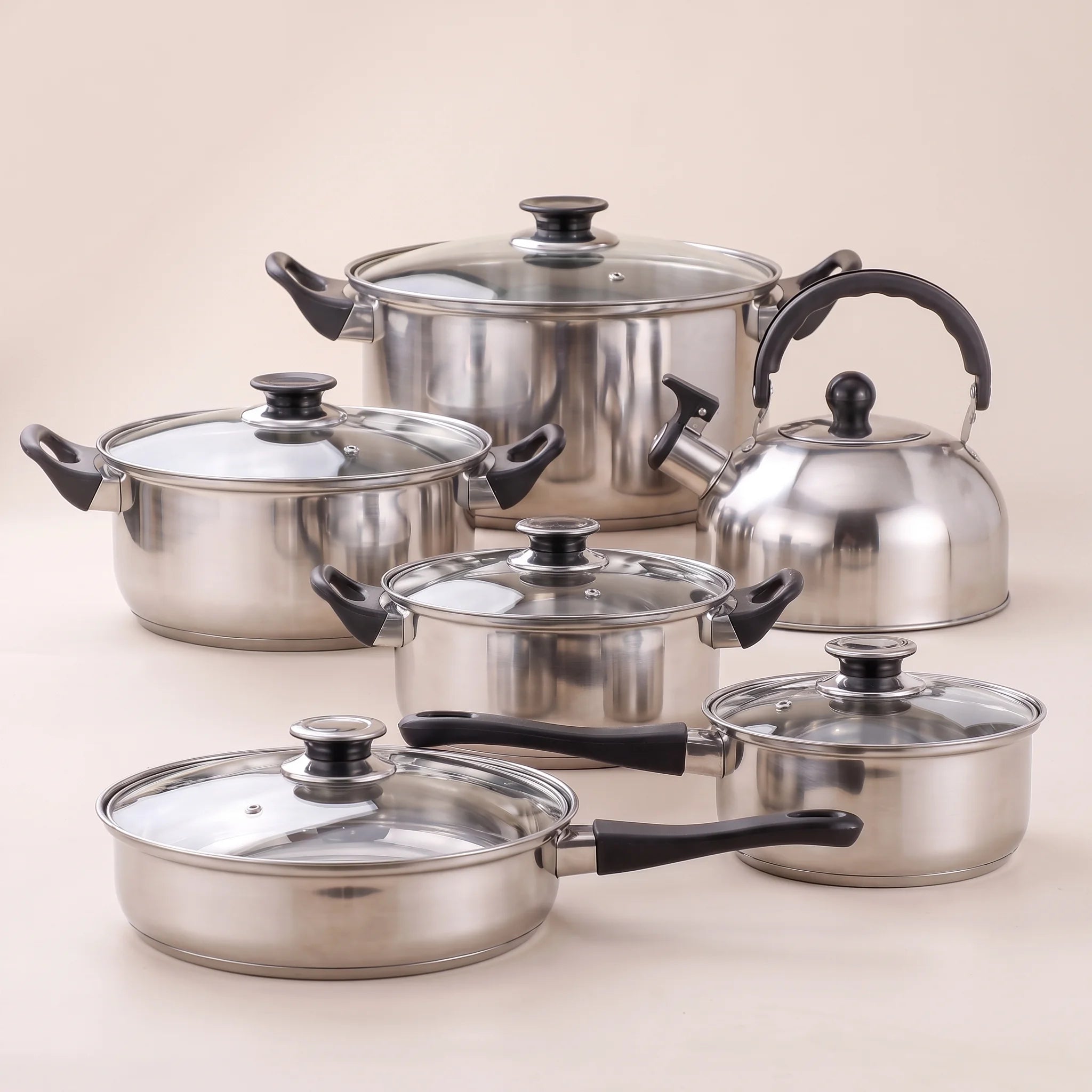 Batterie de cuisine inox 12 pièces avec bouilloire, acier épaissi, induction | Marthe