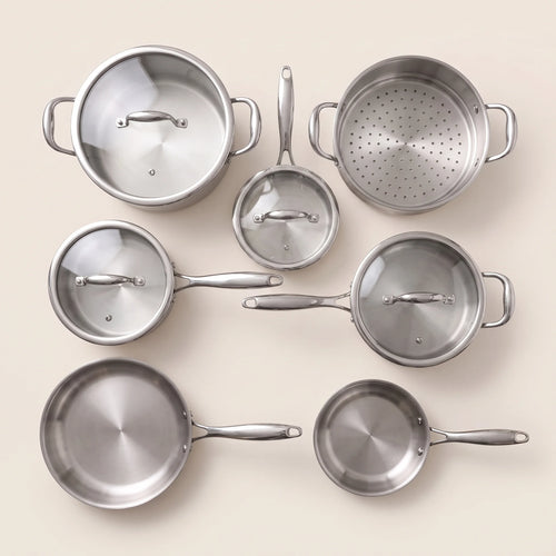 Batterie de cuisine inox 11 pièces, acier trois plis, casseroles poêles sauteuse et faitout | Marthe