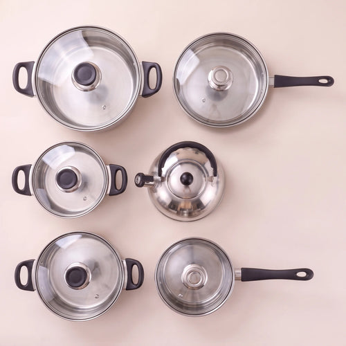 Batterie de cuisine inox 12 pièces avec bouilloire, acier épaissi, induction | Marthe