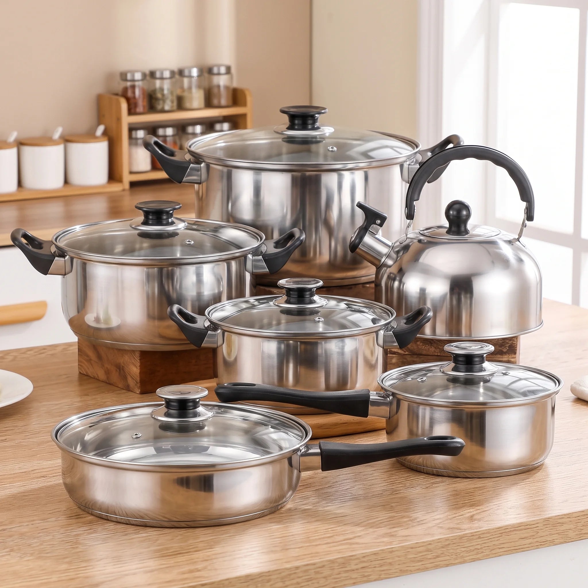 Batterie de cuisine inox 12 pièces avec bouilloire, acier épaissi, induction | Marthe