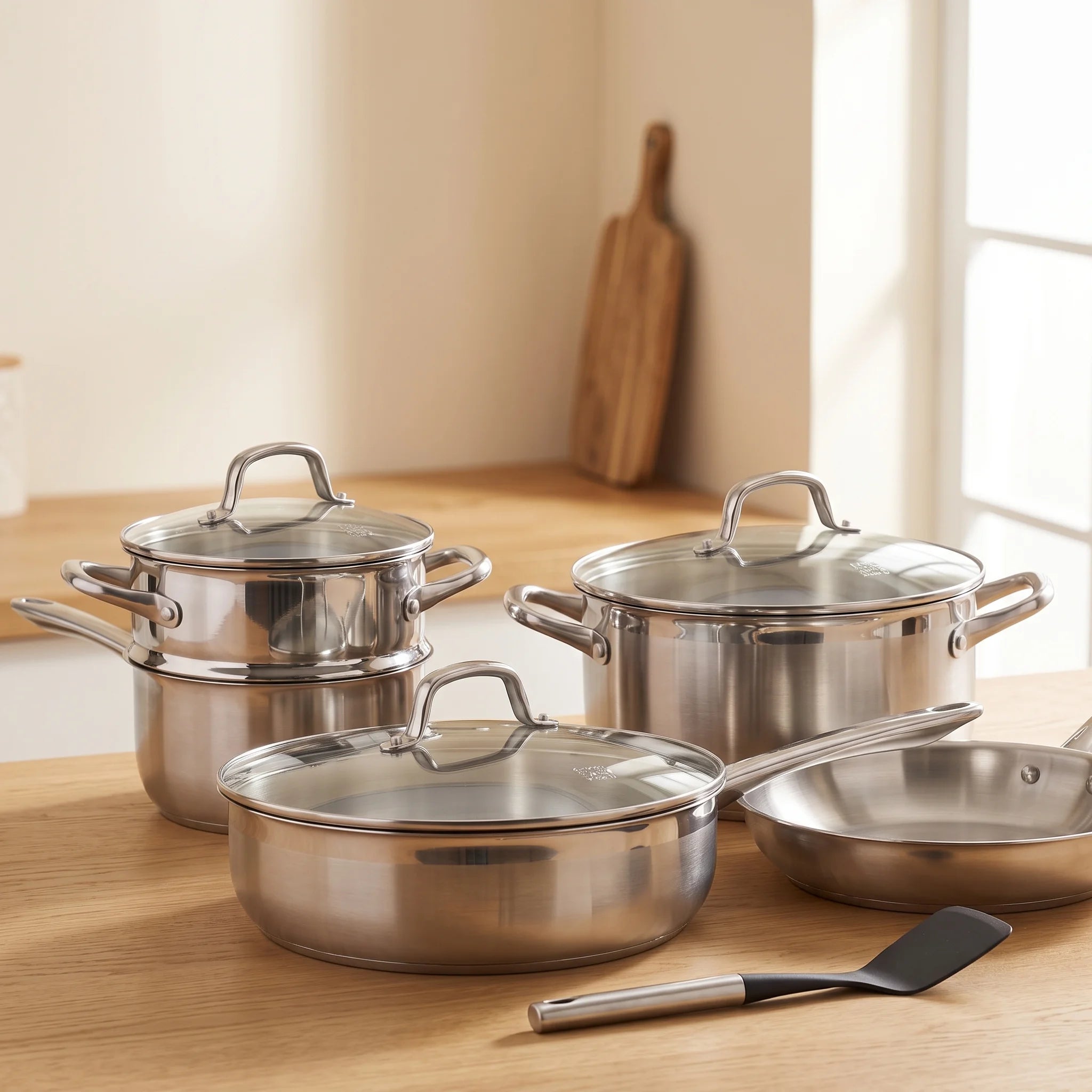 Batterie de cuisine inox 9 pièces, acier trois couches avec couvercles, induction | Marthe