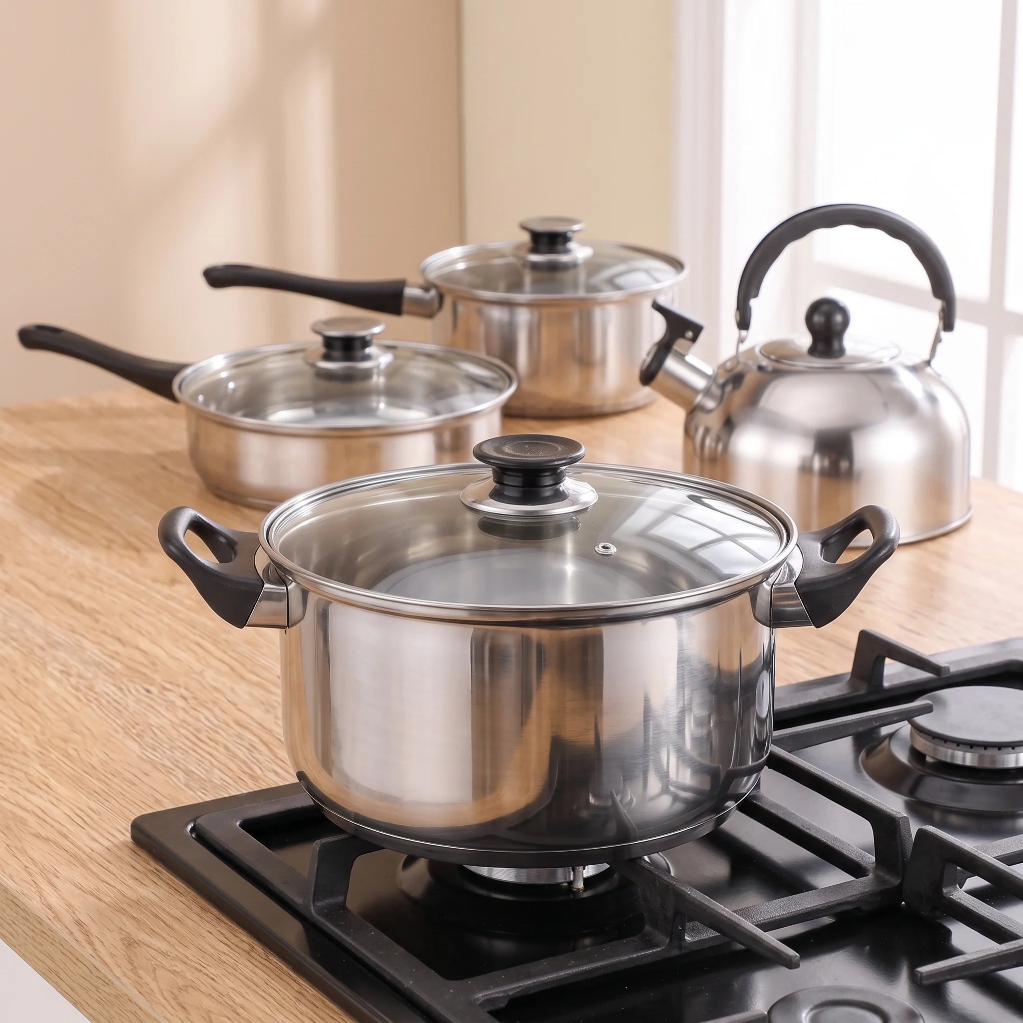 Batterie de cuisine inox 12 pièces avec bouilloire, acier épaissi, induction | Marthe