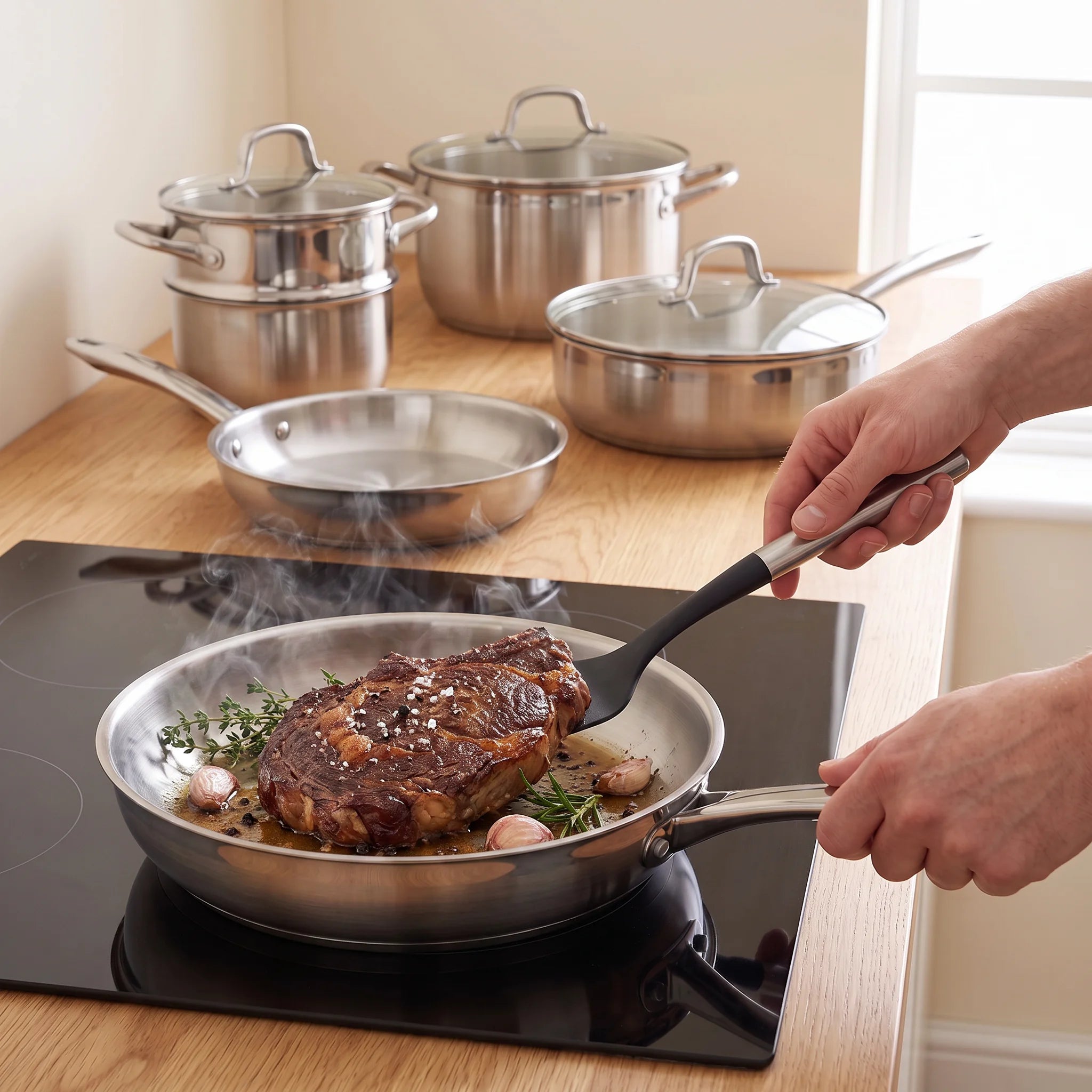 Batterie de cuisine inox 9 pièces, acier trois couches avec couvercles, induction | Marthe