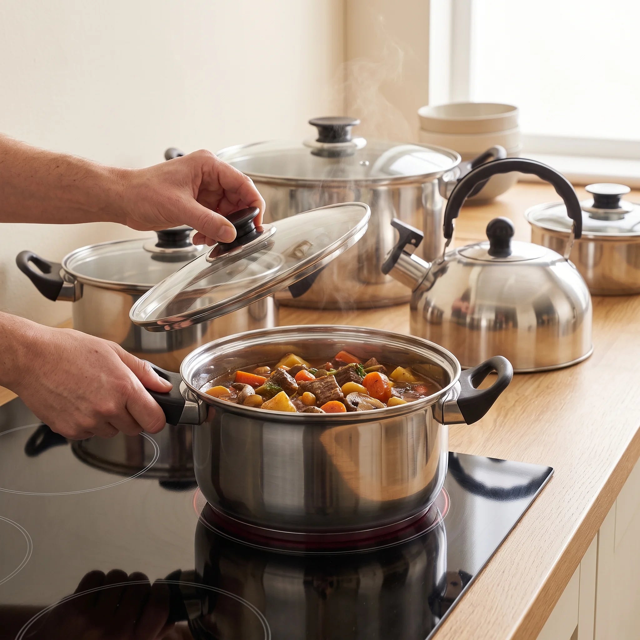 Batterie de cuisine inox 12 pièces avec bouilloire, acier épaissi, induction | Marthe