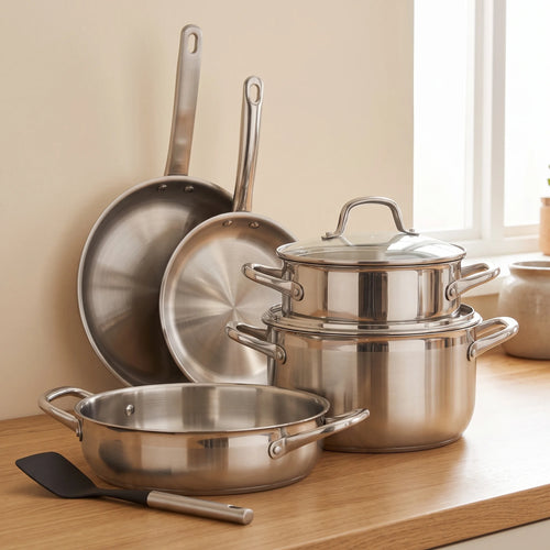 Batterie de cuisine inox 9 pièces, acier trois couches avec couvercles, induction | Marthe