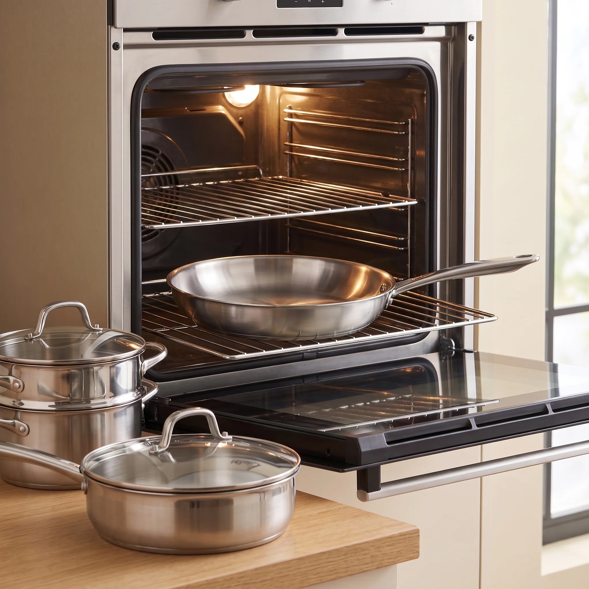 Batterie de cuisine inox 9 pièces, acier trois couches avec couvercles, induction | Marthe