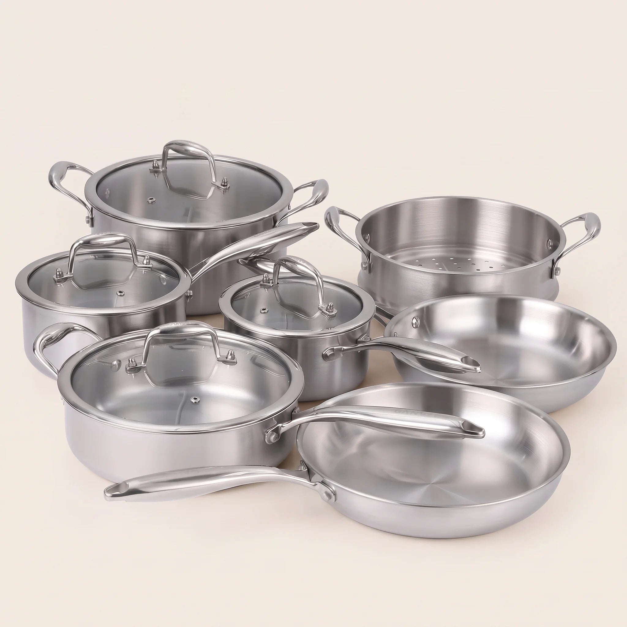 Batterie de cuisine inox 11 pièces, acier trois plis, casseroles poêles sauteuse et faitout | Marthe