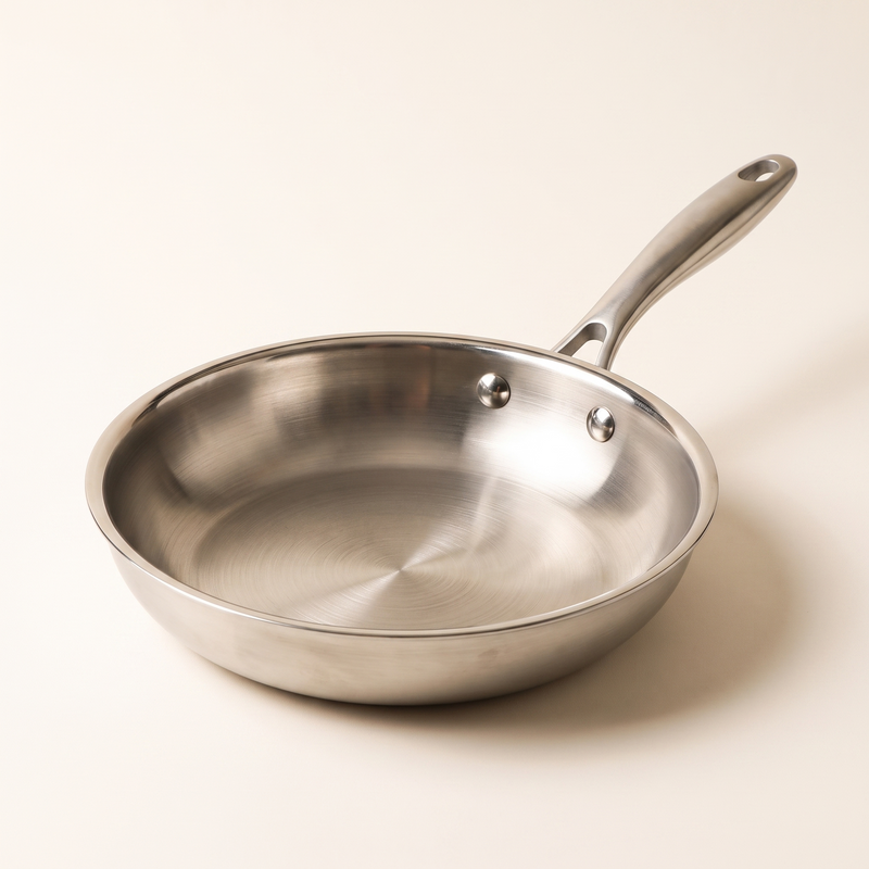 Poêle inox 28 cm Marthe vue de trois quarts, manche riveté, fond blanc beurre