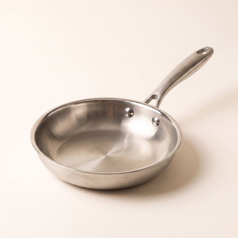 Poêle inox 24 cm Marthe vue de trois quarts, manche riveté, fond blanc beurre