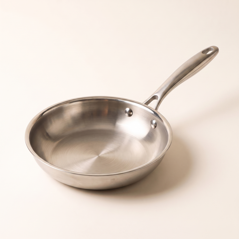 Poêle inox 26 cm Marthe vue de trois quarts, manche riveté, fond blanc beurre