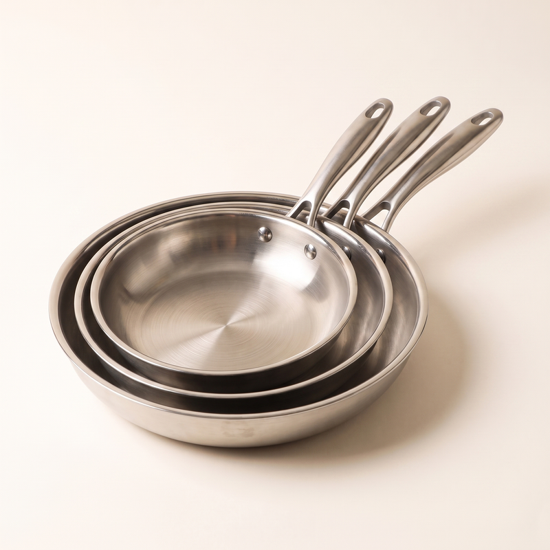 Trio de poêles inox Marthe emboîtées, manches en éventail