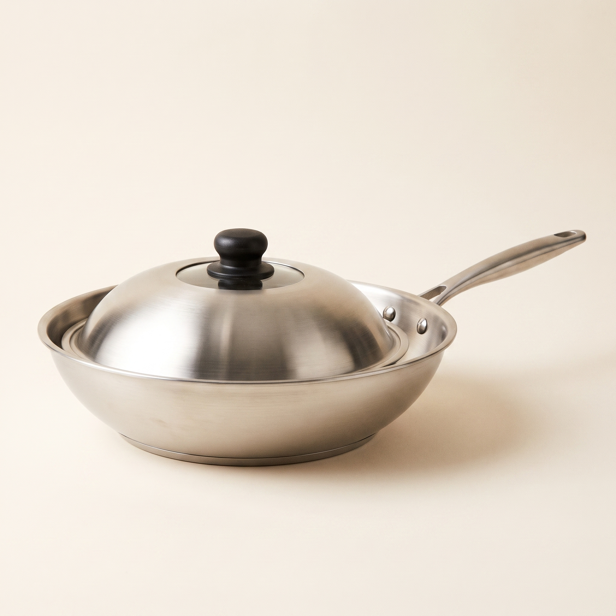 Wok inox 30 cm Marthe avec son couvercle bombé à hublot, manche riveté