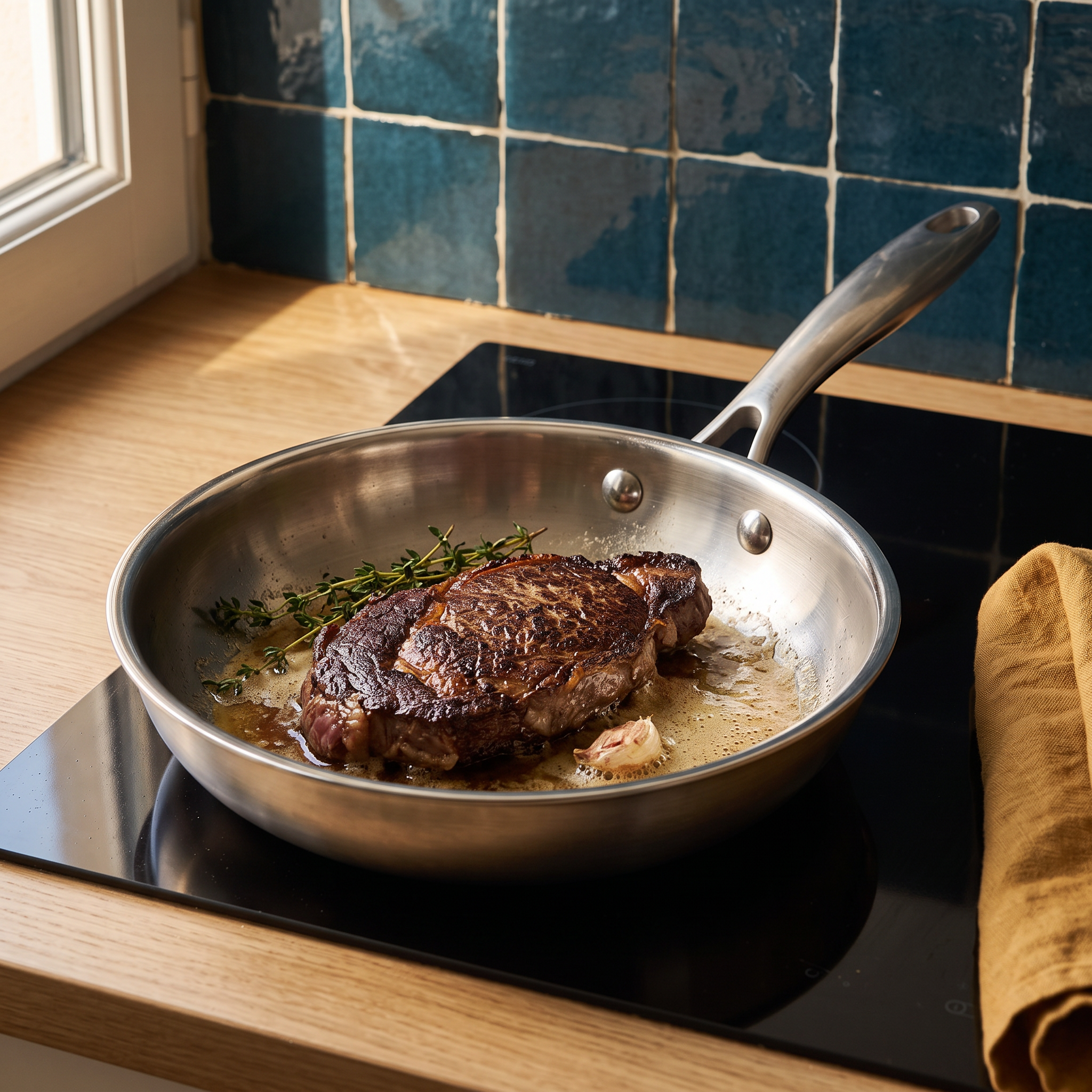 Pavé de bœuf qui repose dans le beurre moussé, poêle inox 28 cm sur plaque à induction
