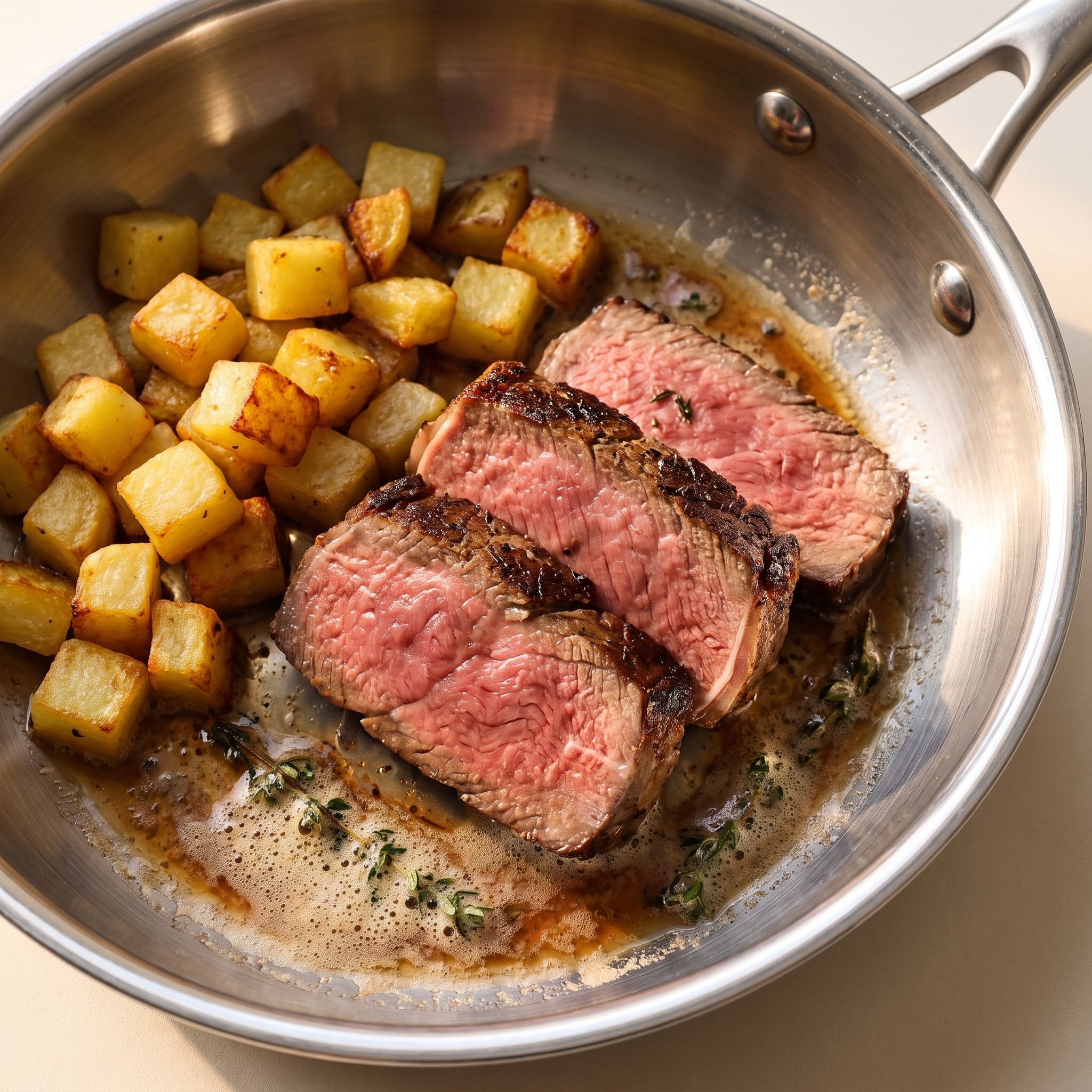 Pavé de bœuf tranché et pommes de terre sautées au beurre dans la poêle inox 28 cm
