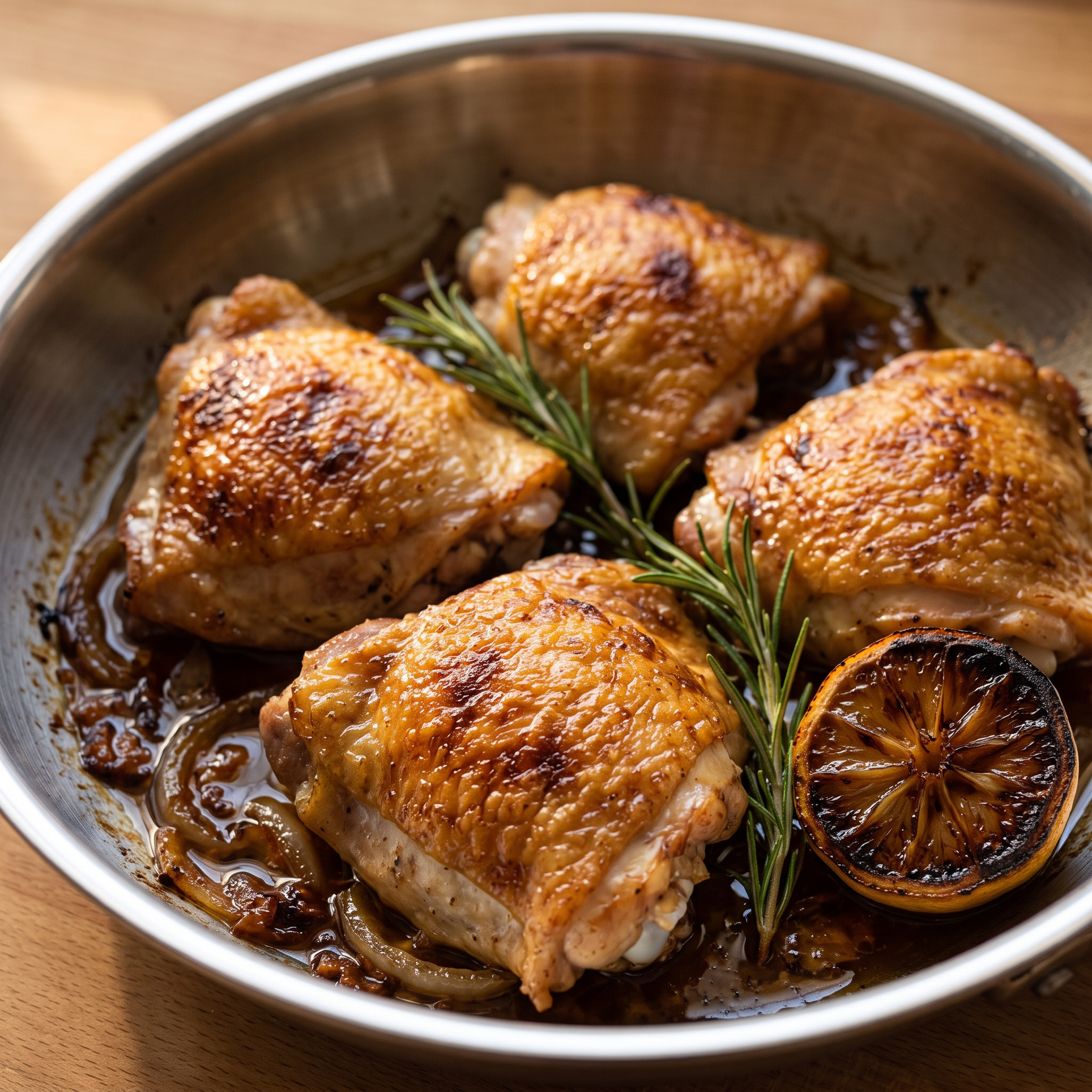 Quatre cuisses de poulet dorées au citron et romarin dans la poêle inox 26 cm