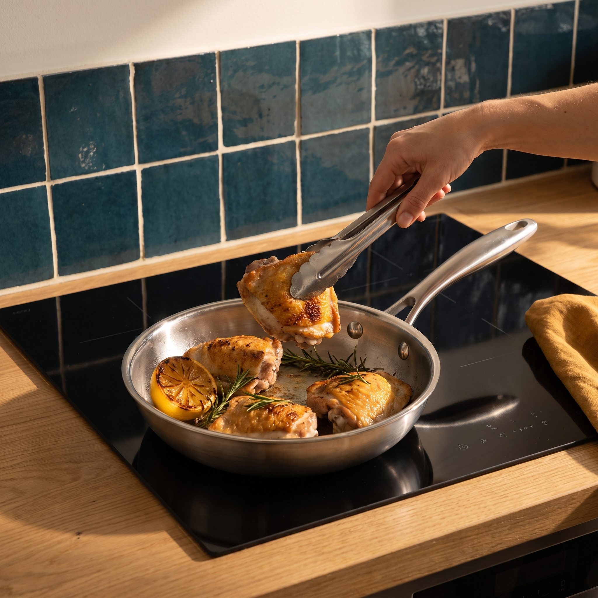 Cuisse de poulet soulevée à la pince dans la poêle inox 26 cm sur plaque à induction