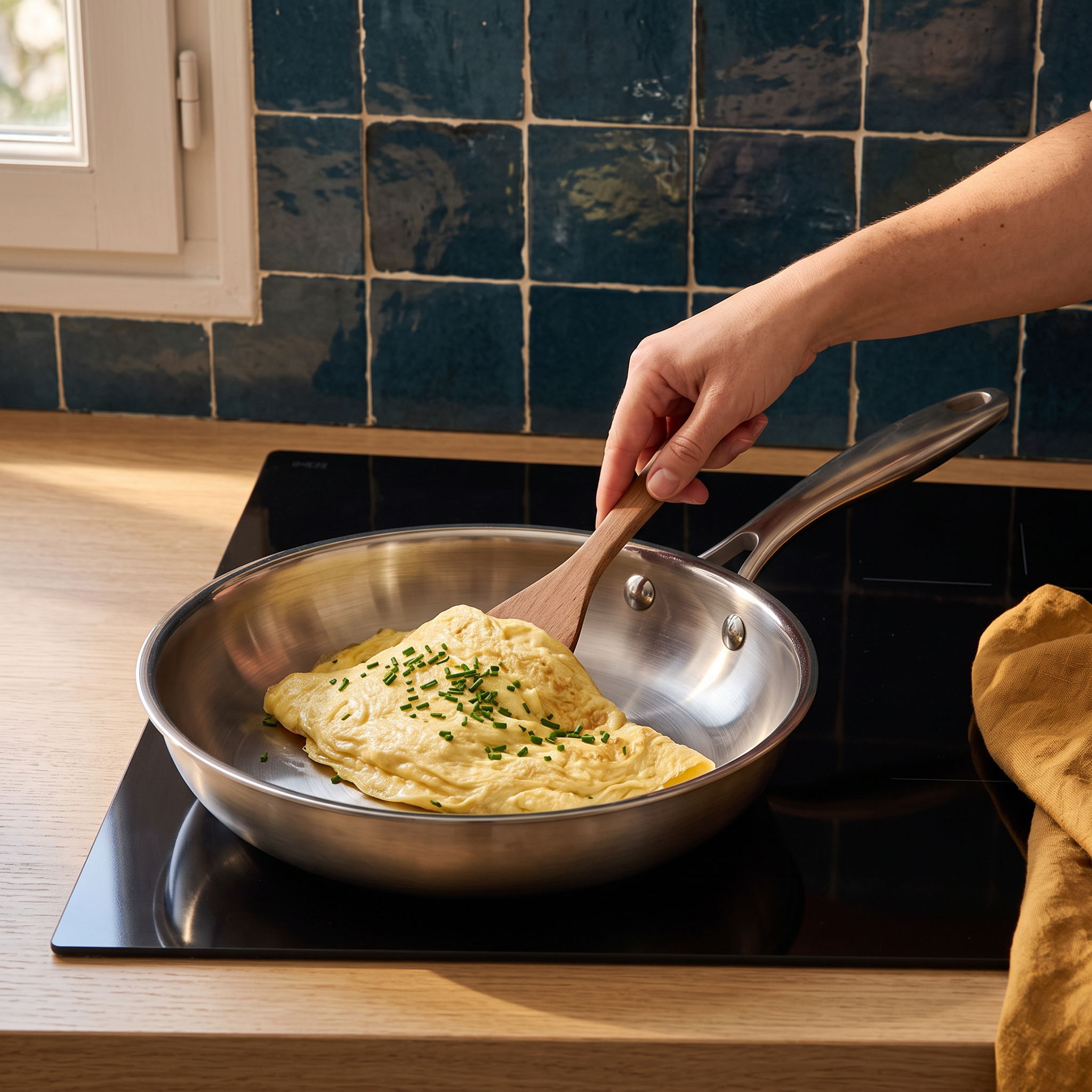 Omelette pliée soulevée à la spatule dans la poêle inox 22 cm sur plaque à induction