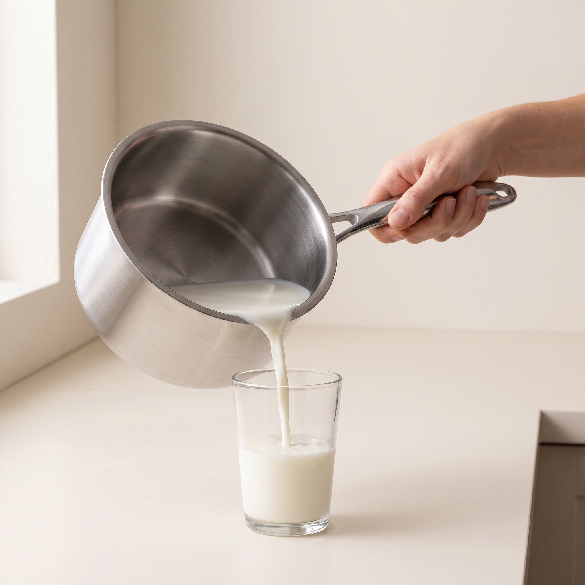 Filet de lait versé depuis le rebord roulé d'une casserole inox Marthe