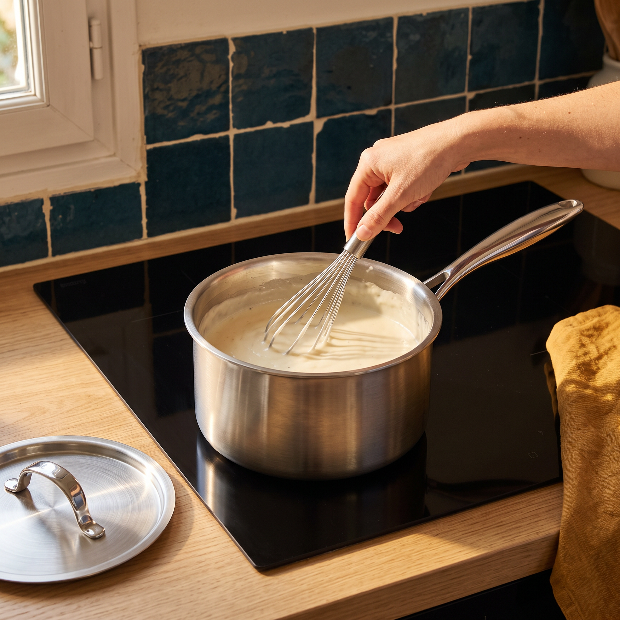 Béchamel fouettée dans la casserole inox 20 cm sur plaque à induction