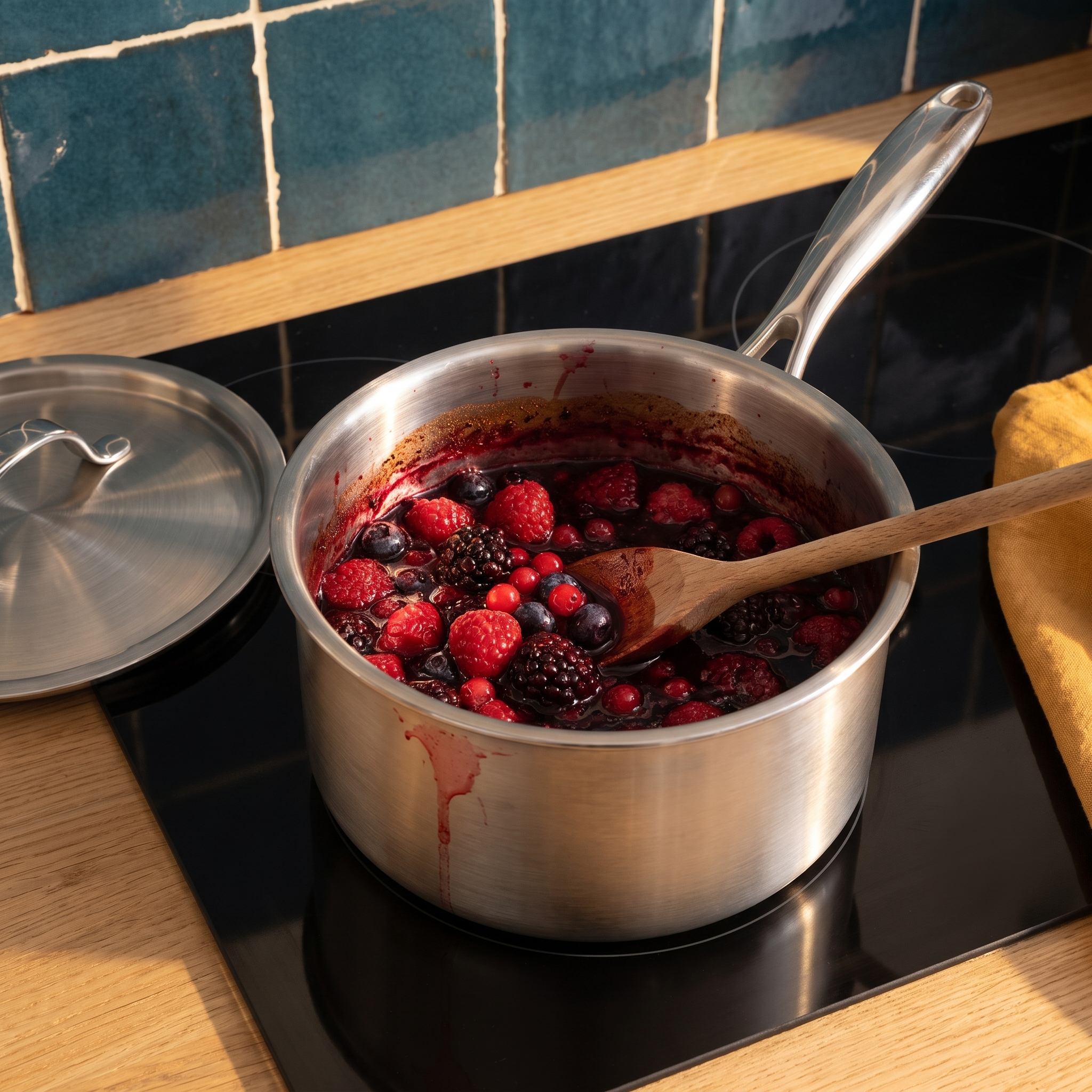 Compote de fruits rouges qui réduit dans la casserole inox 18 cm sur plaque à induction