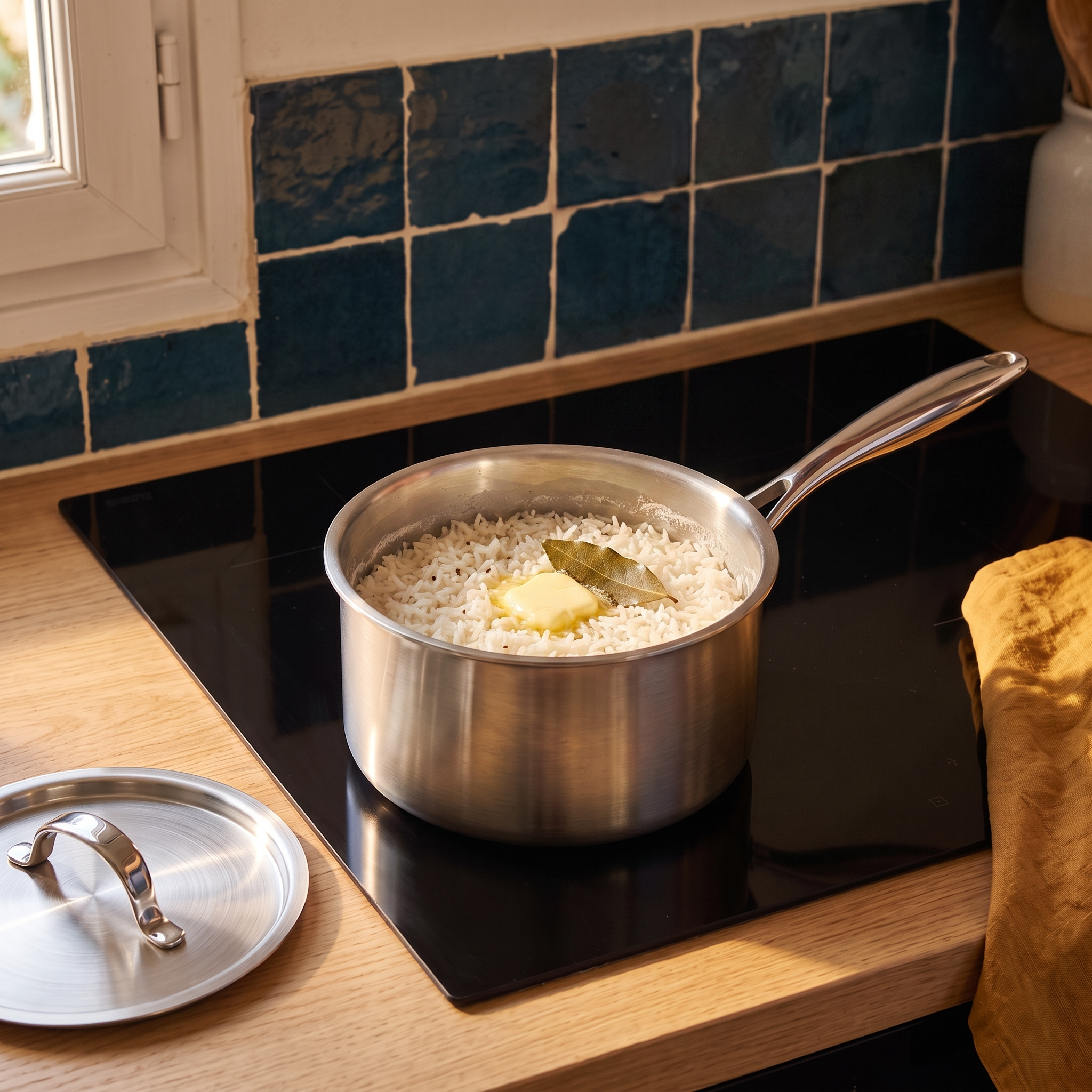 Riz basmati en fin de cuisson dans la casserole inox 16 cm sur plaque à induction