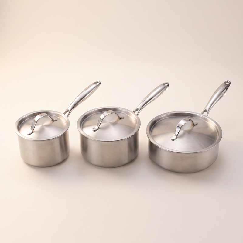 Les trois casseroles Marthe 16, 18 et 20 cm alignées avec leurs couvercles en acier