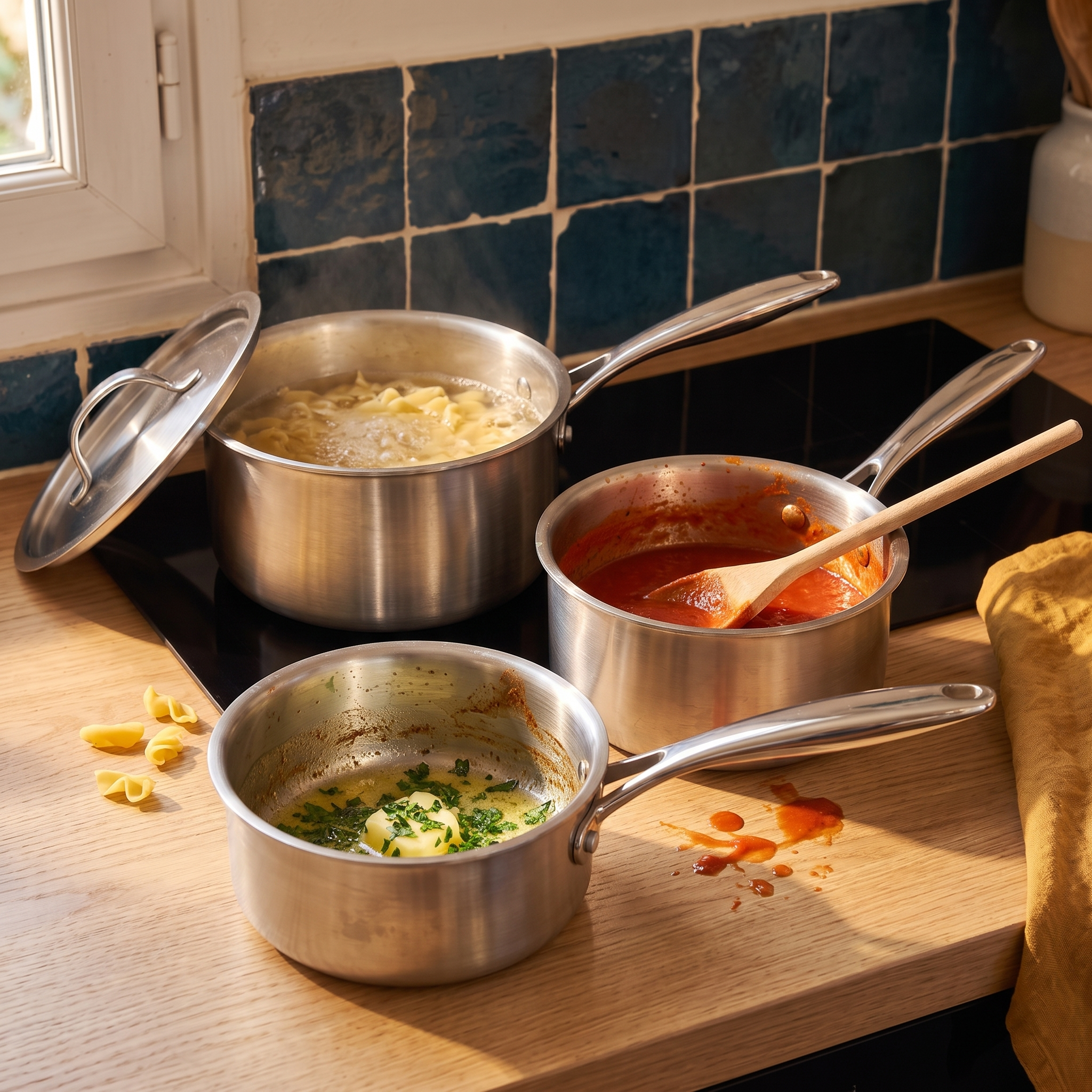 Les trois casseroles en service en même temps, pâtes, sauce tomate et beurre persillé