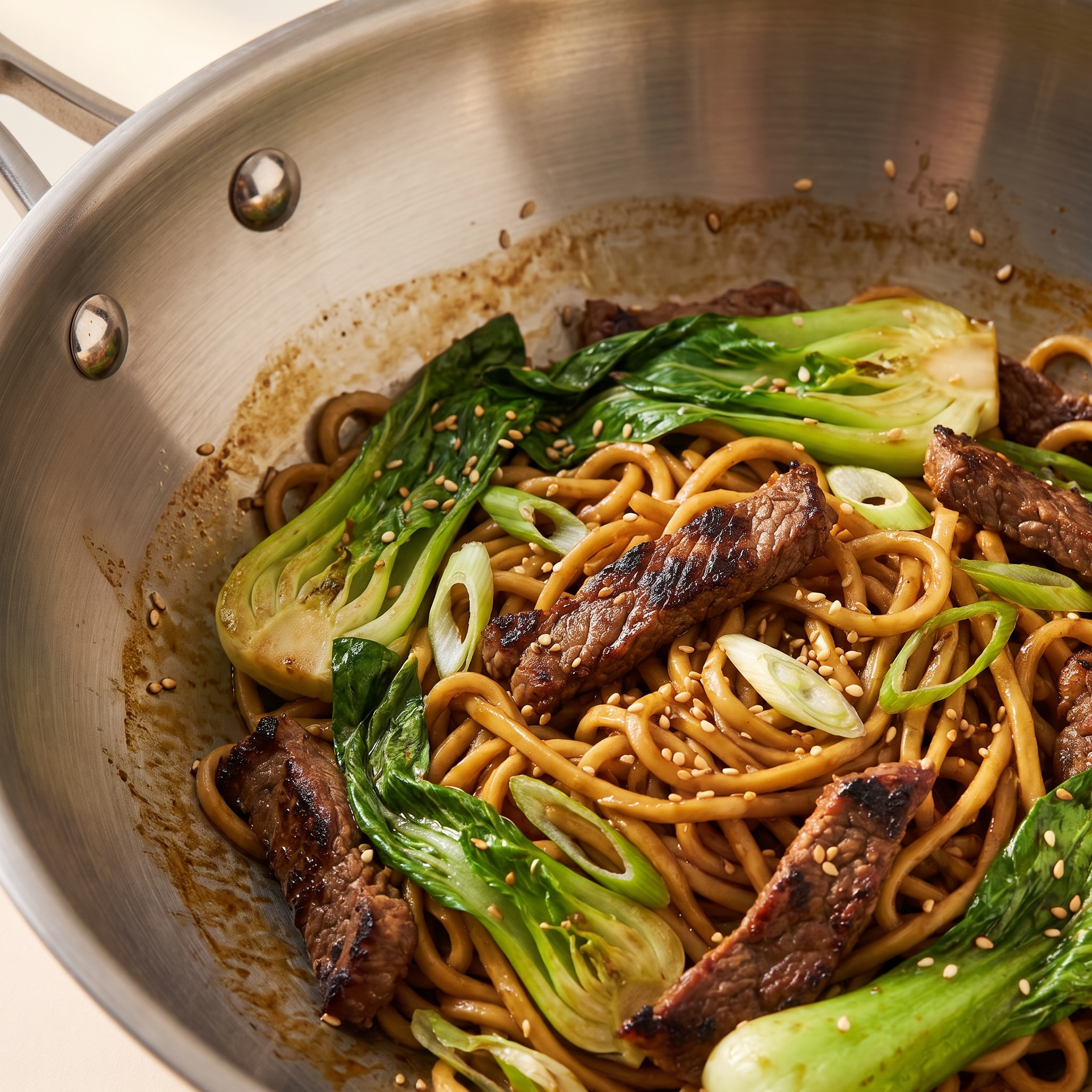 Nouilles sautées au bœuf et pak choi dans le wok inox 30 cm