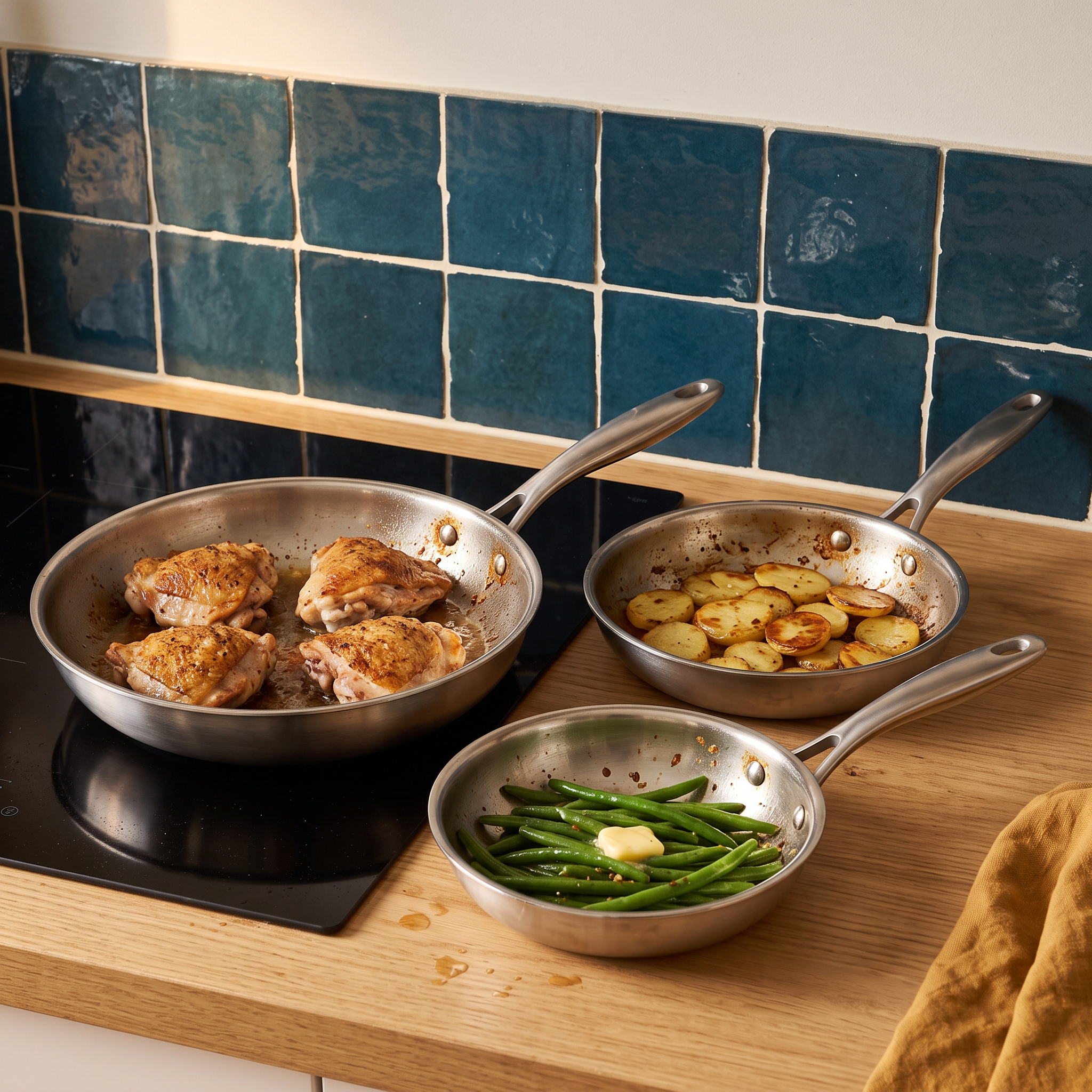 Les trois poêles en service en même temps, poulet, pommes de terre et haricots verts
