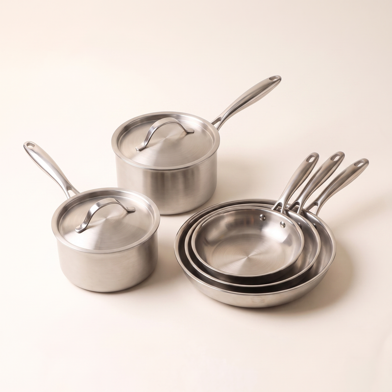 Le pack cinq pièces Marthe, deux casseroles couvertes et trois poêles emboîtées