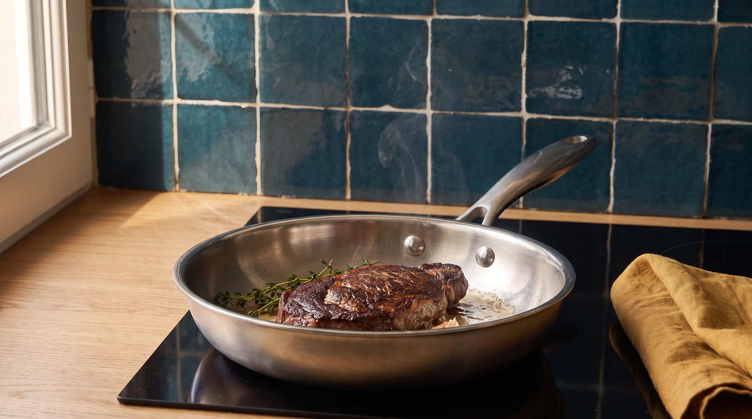Pavé de bœuf qui saisit dans la poêle inox 28 cm Marthe, sur plaque à induction